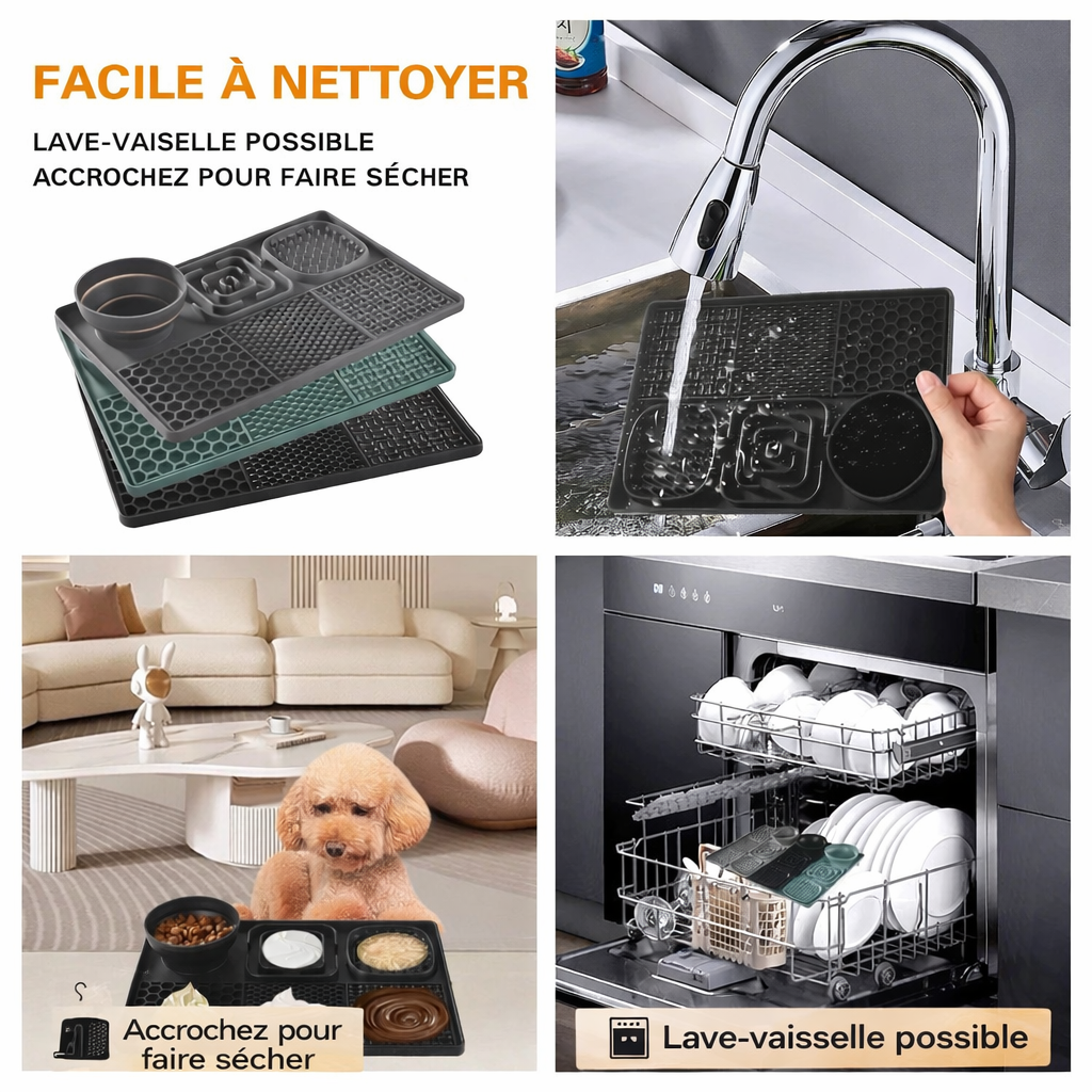 Mangeoire lente en silicone pour chien – Tapis à lécher avec ventouse