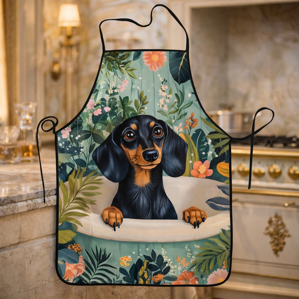 Tablier de cuisine Teckel dans son bain - Motif floral coloré
