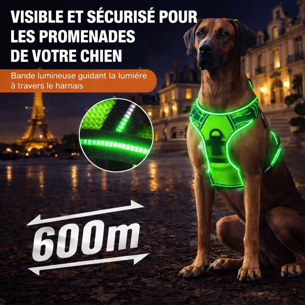 Harnais futuriste LED pour chien – Visibilité 360° et sécurité nocturne avancée