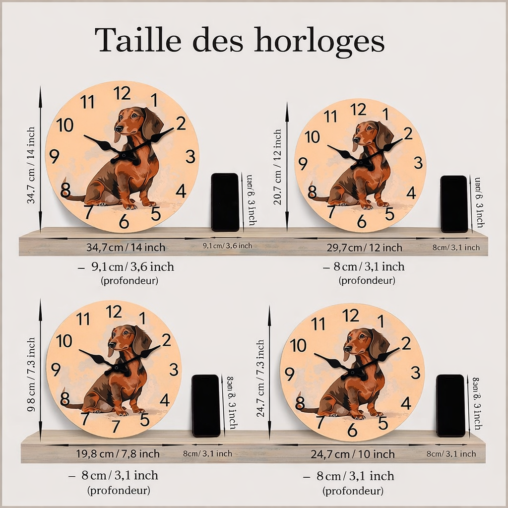 Horloge murale bois Teckel créative - Silencieuse quartz