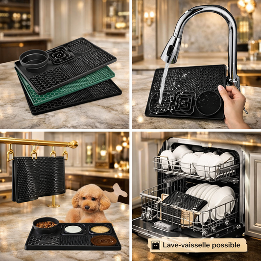 Mangeoire lente en silicone pour chien – Tapis à lécher avec ventouse