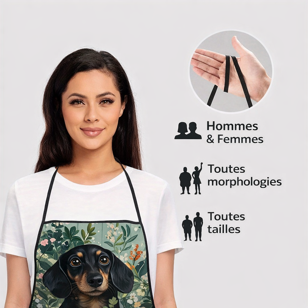 Tablier de cuisine Teckel dans son bain - Motif floral coloré