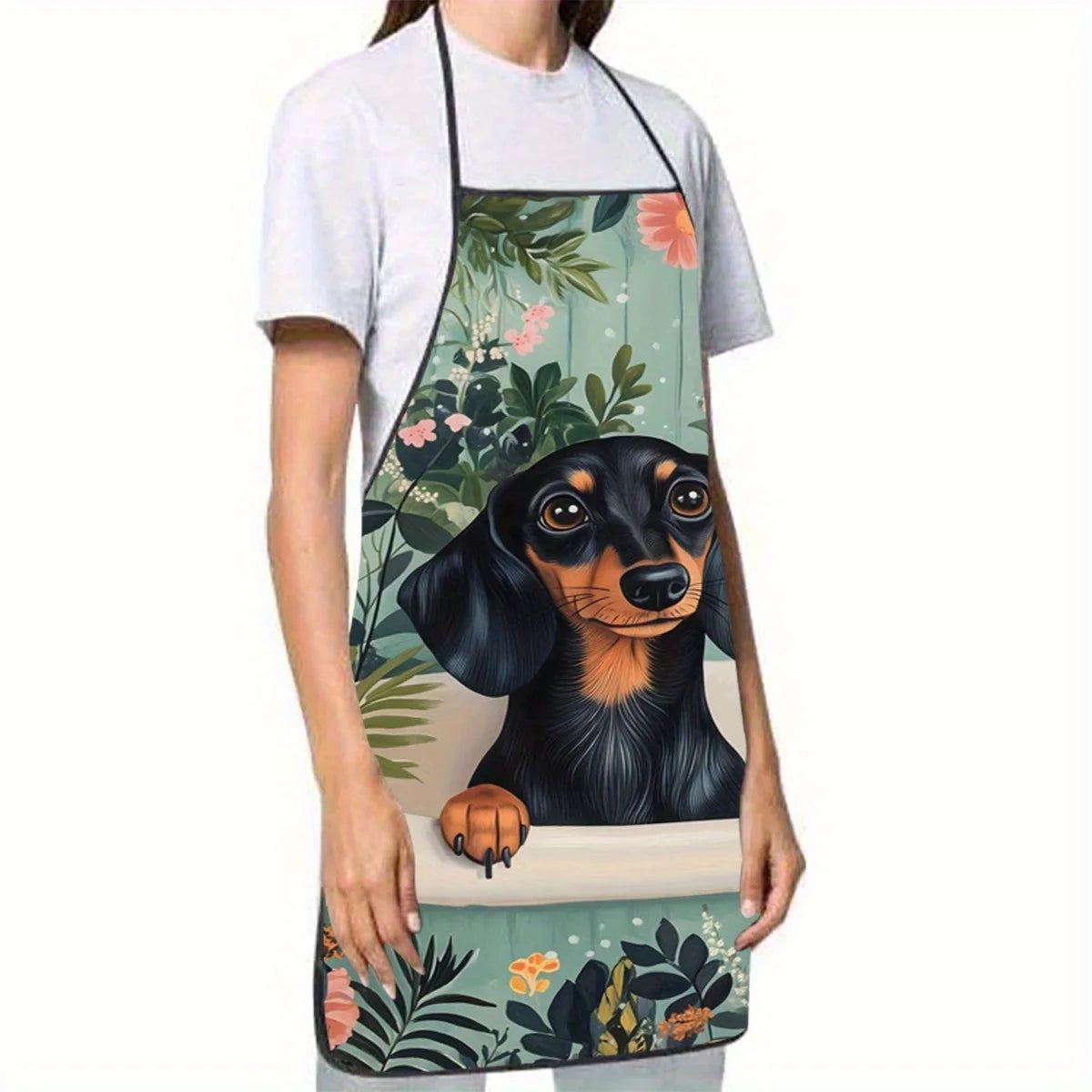 Tablier de cuisine Teckel dans son bain - Motif floral coloré