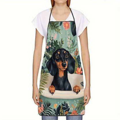 Tablier de cuisine Teckel dans son bain - Motif floral coloré