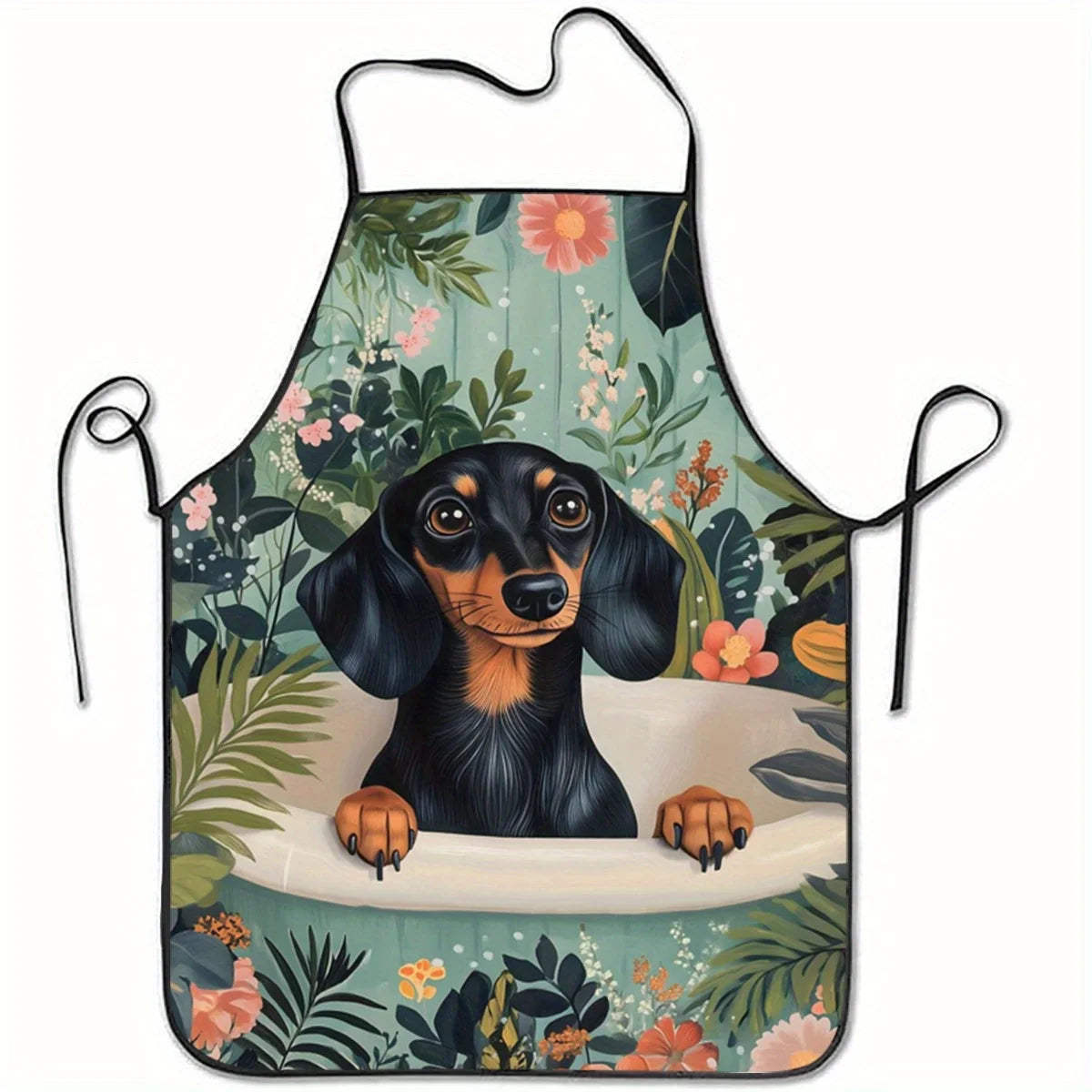 Tablier de cuisine Teckel dans son bain - Motif floral coloré